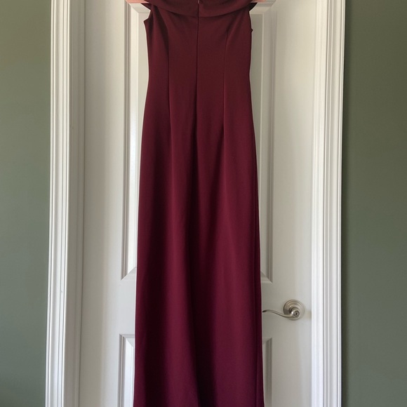 David’s Bridal Off the Shoulder Stretch Crepe Ruched Bridesmaid Dress - Cabarnet - Picture 6 of 7